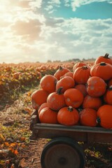 Pumpkin in farmland in Fall. Seasonal theme for greeting card background.