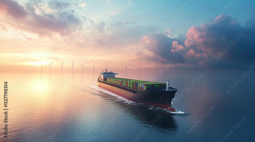 Poster global transportation concept with a cargo ship powered by green energy on the ocean, promoting sust