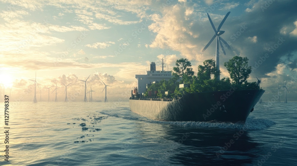 Poster global transportation concept with a cargo ship powered by green energy on the ocean, promoting sust