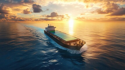 Naklejka premium Global transportation concept with a cargo ship powered by green energy on the ocean, promoting sustainable travel and logistics with a focus on net-zero emissions.