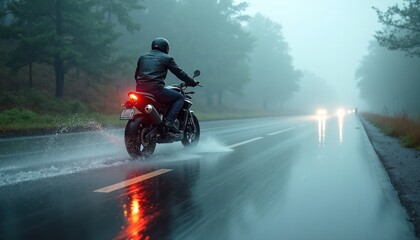 Motorcyclist speeds down rain-soaked foggy road. Water splashes up as bike tires cut through mist. Foggy weather creates atmospheric effect. Road wet, reflective. Motorcycle rider focused. Fast-paced