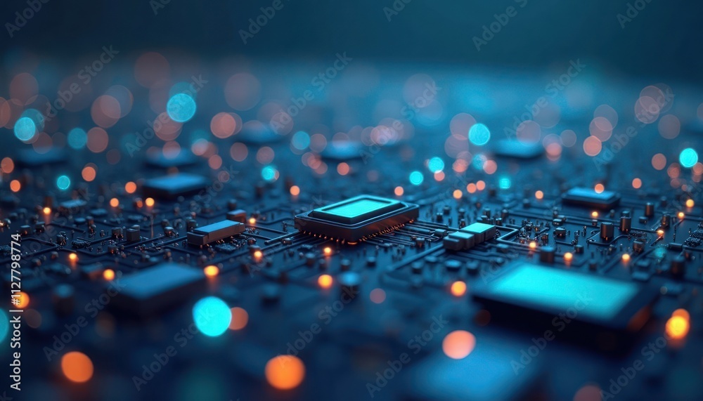Poster detailed close-up view of circuit board. components interconnected with glowing lines. complex netwo