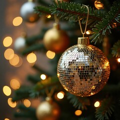 Obraz premium Close up Christmas tree ornament. Shiny disco ball ornament hangs on fir tree branch. Festive golden lights visible in background. Decorated Christmas tree with traditional ornaments. Holiday