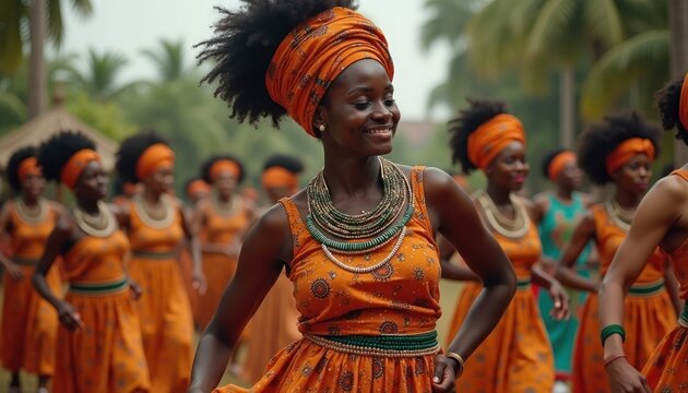 Group of women in vibrant orange traditional attire dance in celebration of heritage. Move rhythmically in joyful display of African culture. Women wear ornate beaded necklaces, head wraps.