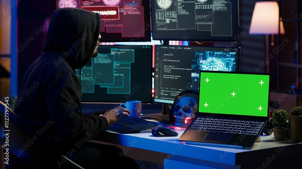 Poster green screen laptop used by hacker in underground hideout to write lines of code, developing virus t