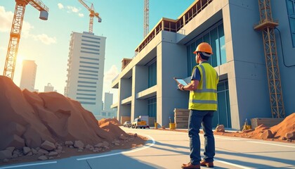 Engineer checks construction site of new business complex. Safety inspection in progress. Observes site, surroundings with tablet. Building under development. Many vehicles around. Dusty area. Sunny