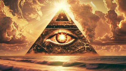 Pyramid with eye in cosmic ocean landscape, symbolic vision of enlightenment and mystery concept