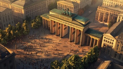 Fototapeta premium Brandenburg Gate, city square, people, sunlight, buildings.