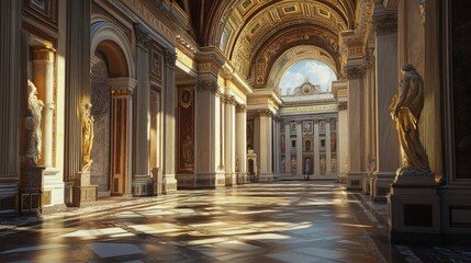 Fototapeta premium Sunlit classical hall, marble floor, statues, columns.