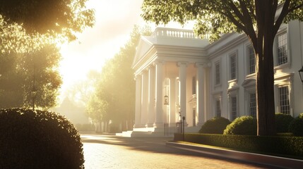 Fototapeta premium Sunlit neoclassical mansion, lush landscaping.