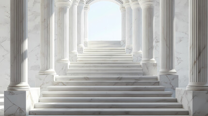 Obraz premium Interior marble stairs with pillars and columns in a palace, castle, or theater set against a white backdrop. 3d rendering. Marble. Illustration