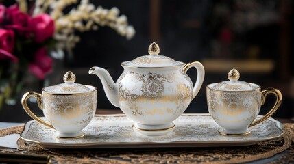 Fototapeta premium Opulent Gold Tea Set with Delicate Patterns for Luxury Dining Experience