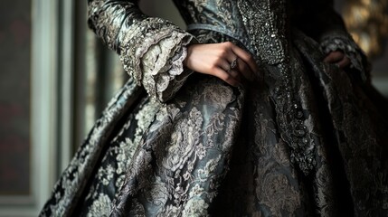 Elegant, ornate, dark gown;  woman's hand, ring.