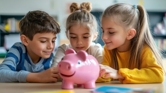 Financial literacy program in a classroom, with kids learning about the importance of saving