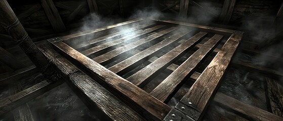 Obraz premium Mysterious wooden platform surrounded by fog abandoned building interior scene dark atmosphere eerie perspective