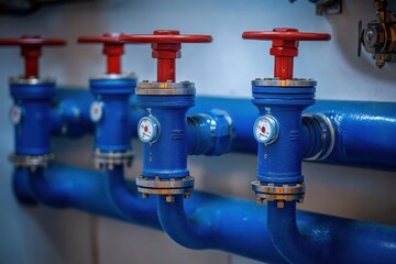 Industrial Plumbing Systems with Blue Pipes and Red Valves in High Contrast Lighting