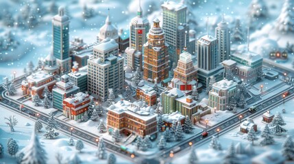 Fototapeta premium Snowy isometric city skyline with buildings, streets, and trees.
