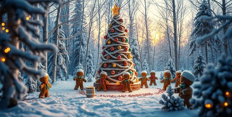 Winter scene capturing the Christmas spirit in the middle of a snowy forest. Gingerbread cookie figures, enjoying the snowy surroundings.