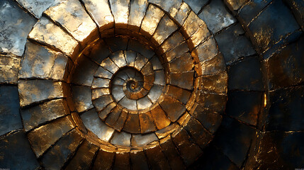 Fototapeta premium Golden Spiral Stonework Abstract Art: A mesmerizing swirl of textured gold and dark stones creating a captivating spiral pattern
