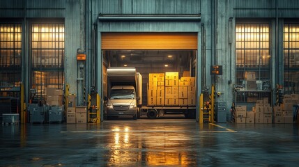Warehouse Delivery Van Unloading Boxes with Manager and Worker Loading Truck in Logistics Setting