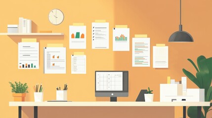 Financial reporting tools like Excel dashboards and printouts organized in a minimalist office