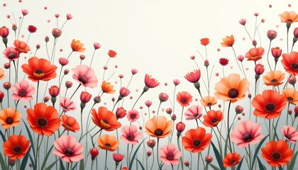 Fototapeta premium Pretty floral print on white background. Small orange red, pink flowers. Ditsy print style spring bouquet. Ideal for wallpaper fabric. Vibrant colors, delicate flowers. Perfect for home decor gifts.