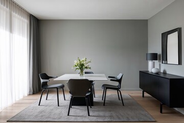 Minimalist Living Area Featuring a Square Table, Contemporary Chairs, and a Black Sideboard Against a Light Grey Wall