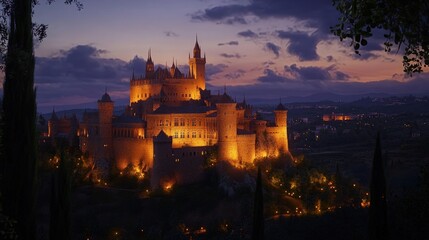 Naklejka premium Illuminated castle at dusk, nestled in hills.
