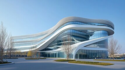 Futuristic hospital with curved glass architecture, photographed under a clear blue sky