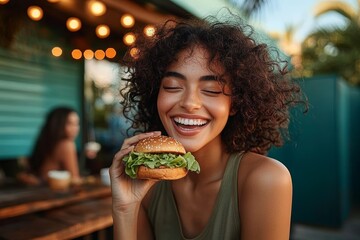 Young woman enjoying a burger outdoors with a vibrant background