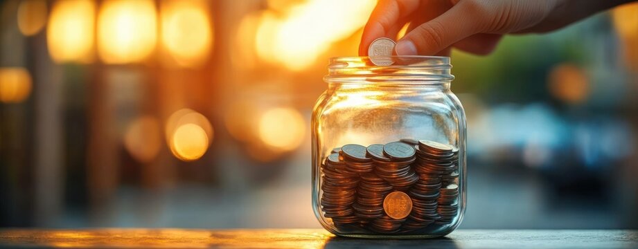 Saving Money in a Glass Jar at Sunset with a Golden Glow