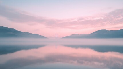 Golden Gate Bridge at dawn, with soft pink skies and still waters below
