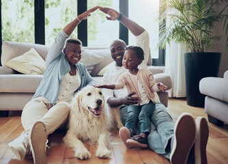 Portrait, roof and family in home with dog, mother or dad with love, child or cover for support. Hands, insurance or happy mom with African father or girl kid with pet or golden retriever in Namibia