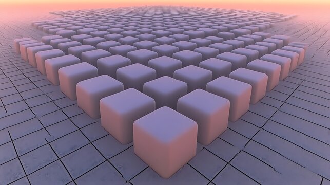 Fototapeta Abstract 3D rendering of numerous light-purple cubes arranged in a grid pattern on a tiled surface, under a soft sunset sky.
