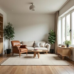 Fototapeta premium Spacious bright living room with natural linen rug. Leather armchair, wooden cabinet with plant. Neutral color scheme creates calm, modern ambiance. Copy space on empty grey wall. Perfect for condo