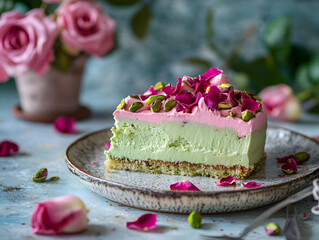 A slice of pastel-colored cake garnished with rose petals and pistachios, set against a soft backdrop.
