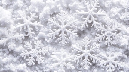 White snowflakes nestled in a bed of pristine snow