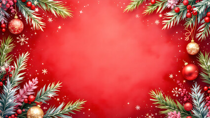 Fototapeta premium Christmas red watercolor background decorated with fir branches and glitter stars, snowflakes, christmas balls.