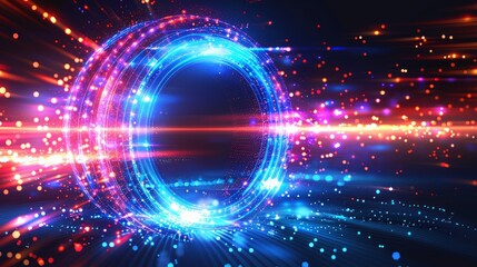Obraz premium Vibrant glowing circular light trails and particles on dark background.