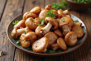 Fototapeta premium Golden Mushrooms on Rustic Wooden Tabletop