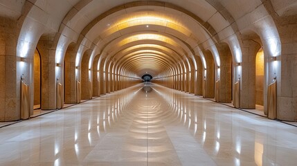 Obraz premium A grand, illuminated corridor featuring arched ceilings and a reflective floor, creating an elegant and spacious atmosphere.