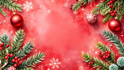 Christmas red watercolor background decorated with fir branches and glitter stars, snowflakes, christmas balls.