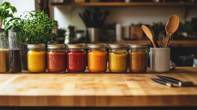 Homemade condiments like ketchup, mustard, and mayo in glass jars, neatly labeled and arranged on a wooden countertop with kitchen utensils nearby