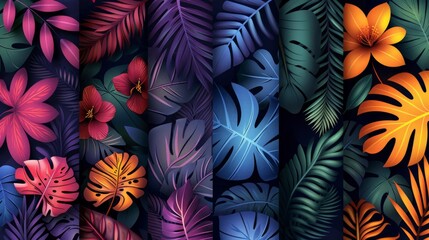 Vibrant tropical leaves and flowers in various colors and patterns.
