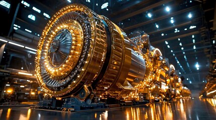 A detailed view of a futuristic golden engine, showcasing intricate designs and lighting in a spacious industrial environment.