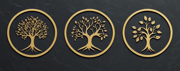 Elegant Minimalist Tree Icon Set with Oak Vine and Olive Silhouettes for Nature Inspired Design