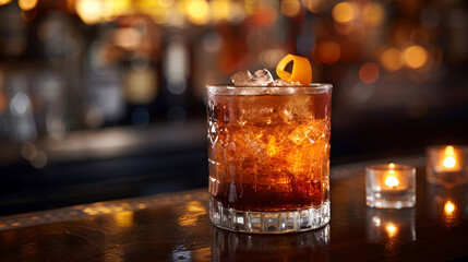 Close-up of a whiskey cocktail with ice cubes and orange garnish
