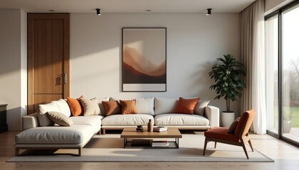 Fototapeta premium Modern swedish living room. Sleek furnishings create warm ambiance. Cozy corner sofa with orange cushions, neutral coffee table. Large window with view. Stylish design reflects contemporary living.