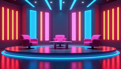 Empty vibrant game show set ready for discussion. Bright stage lights highlight stylish pink chairs, round table in lively studio. Colorful neon lights create futuristic, fun ambiance. Dynamic set
