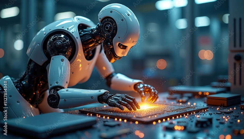 Poster advanced robotic arm working on circuit board. precision tech in electronics. robot performs complex